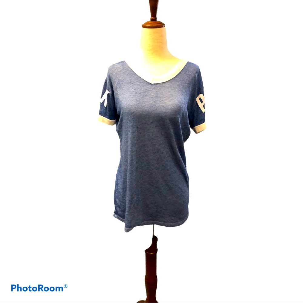 Sporty Core Navy Blue Heathered‎ White Ringer Cotton Blend Tee Size S